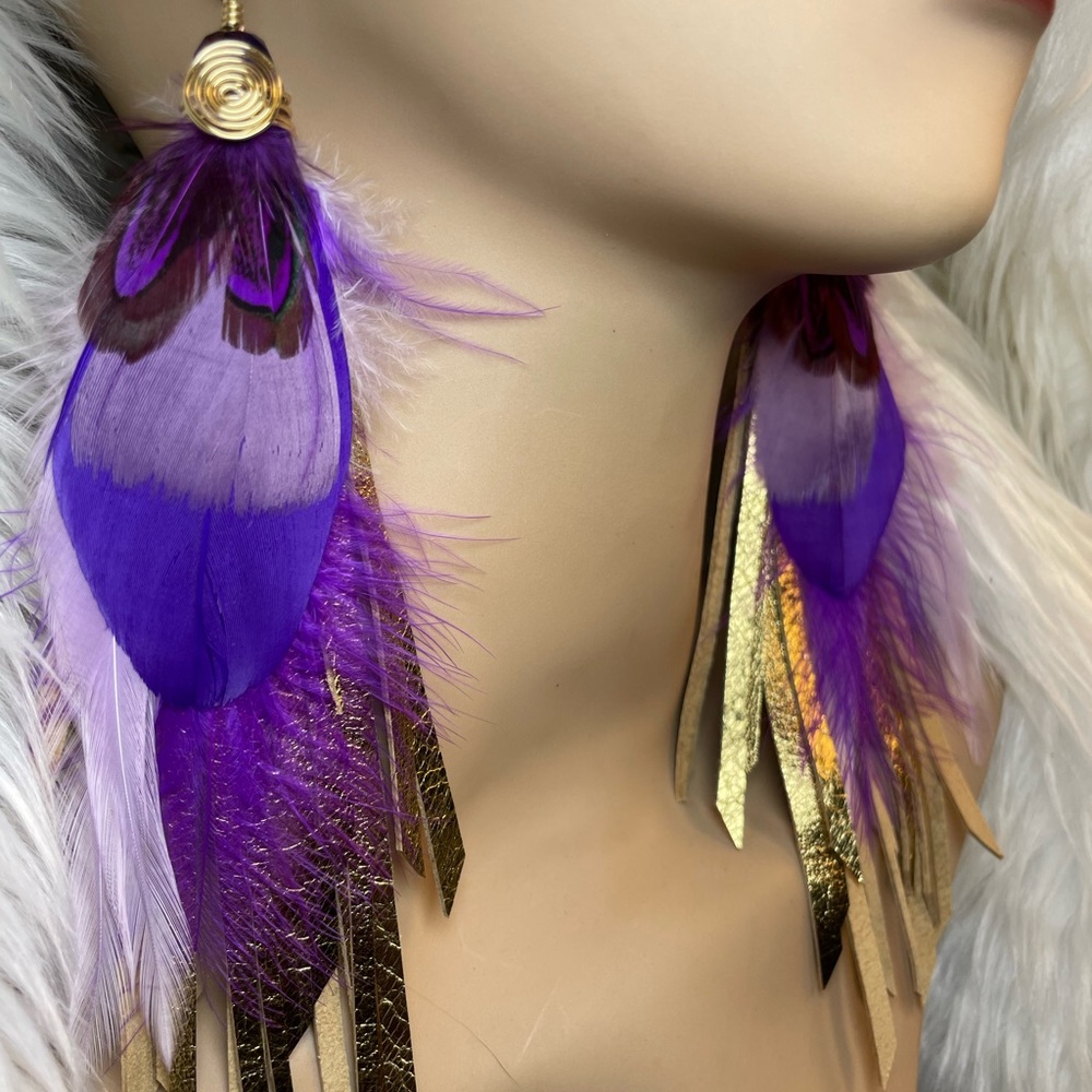 Gold Foiled Genuine Leather Fringe Purple Feather Earrings - Picture 4 of 15